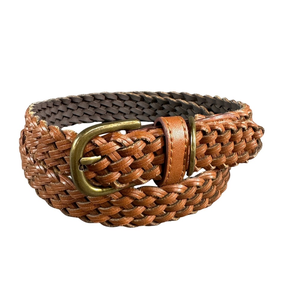 Cognac Brown Braided Leather Belt Antique Brass Buckle Woven Adjustable